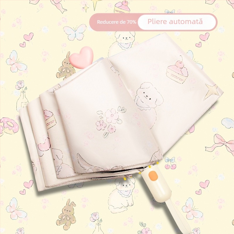 Ombrelă automată pliabilă pentru soare și ploaie, protecție UV UPF>50, acoperire din vinil, 8 nervuri din oțel, deschidere/închidere automată