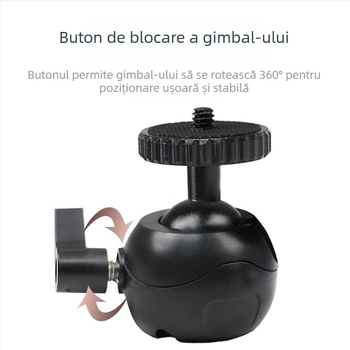 Trepied mic portabil cu gimbal sferic universal pentru DSLR/mirrorless și telefon — aliaj de aluminiu + plastic, rotație orizontală 360°, înclinare verticală 90°, 55 g
