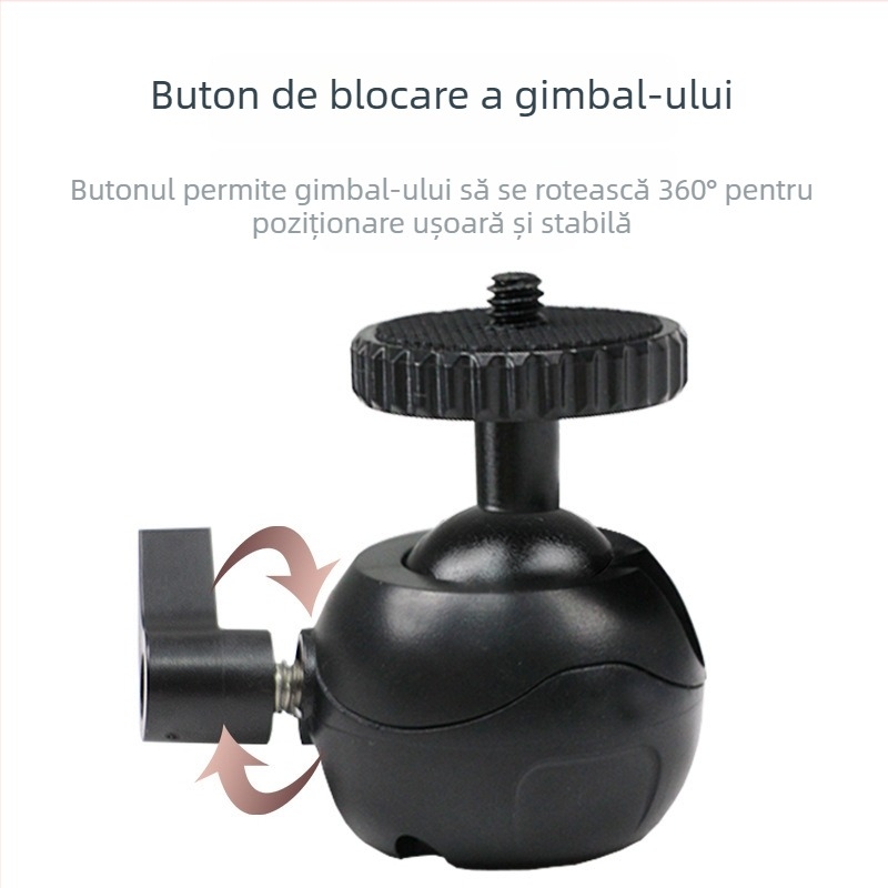 Trepied mic portabil cu gimbal sferic universal pentru DSLR/mirrorless și telefon — aliaj de aluminiu + plastic, rotație orizontală 360°, înclinare verticală 90°, 55 g