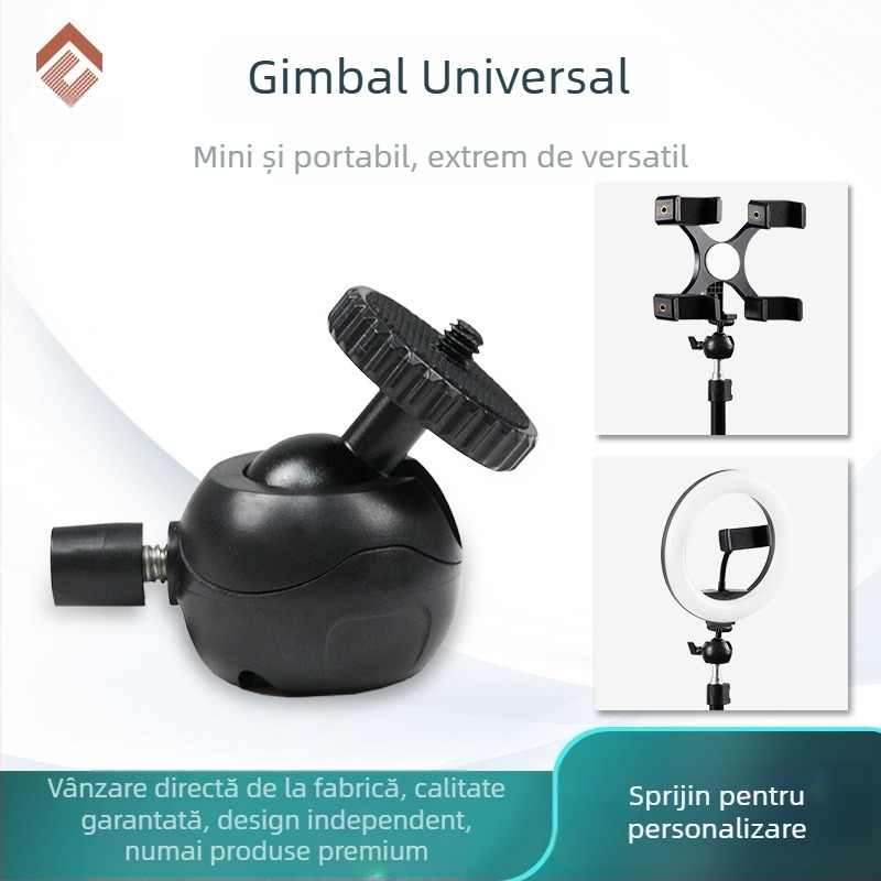 Trepied mic portabil cu gimbal sferic universal pentru DSLR/mirrorless și telefon — aliaj de aluminiu + plastic, rotație orizontală 360°, înclinare verticală 90°, 55 g