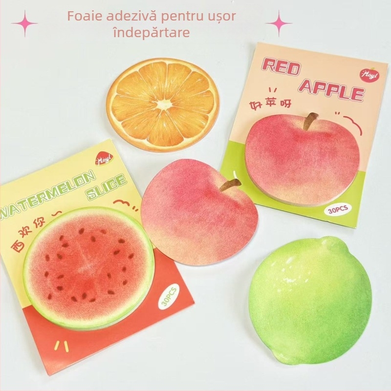 Set de note autoadezive cu temă fructe — fructe realiste în stil desen, seria Coș cu fructe, 30 de foi, adeziv, Cod A623