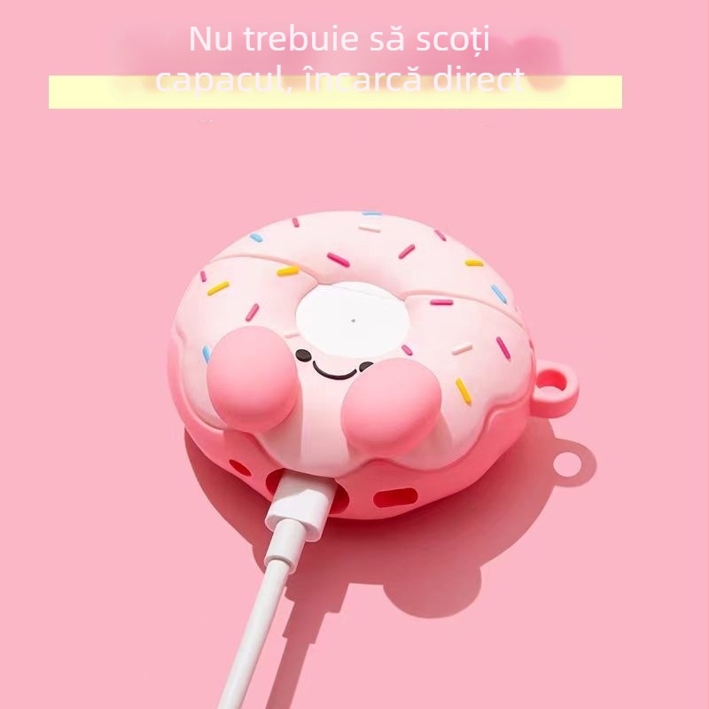 Etui din silicon pentru AirPods, cu design donut zâmbitor – compatibil cu AirPods 4-a generație și AirPods Pro 2, stil desen animat, turnare prin injecție