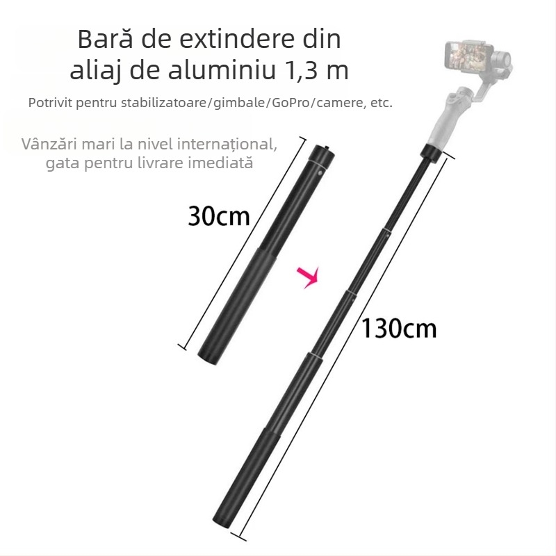 Ruby YC130 Selfie stick din aliaj de aluminiu, mâner cu extensie telescopică, 5 secțiuni, sarcină maximă 2–5 kg, compatibil cu gimbal și stabilizator de camere