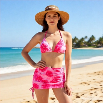 Set de bikini din trei piese pentru femei, imprimeu Tie-Dye, material poliester, cupe căptușite, elasticitate ridicată