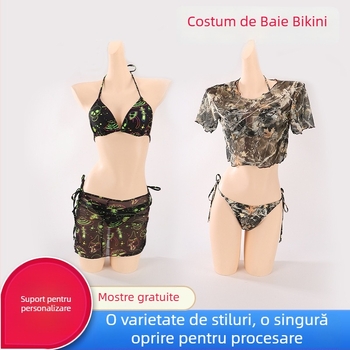 Set bikini pentru femei – imprimeu floral, fără mâneci, slip tip briefs, cu pernă pentru bust, material poliester, căptușeală din spandex
