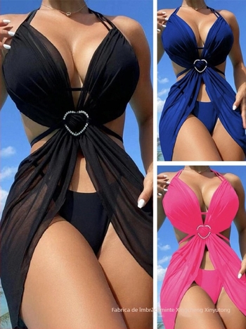Set de bikini cu trei piese, guler halter, decupaj, cupă bust, talie înaltă, culoare solidă, material poliester-nylon cu căptușeală din spandex