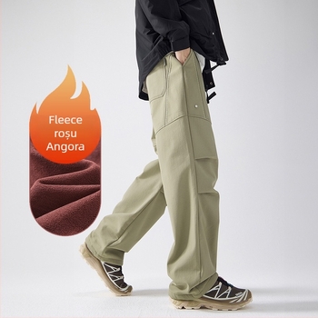 Pantaloni outdoor în stil parașutiști, bărbați, iarna 2024, croială dreaptă, căptuți cu fleece, cu curea