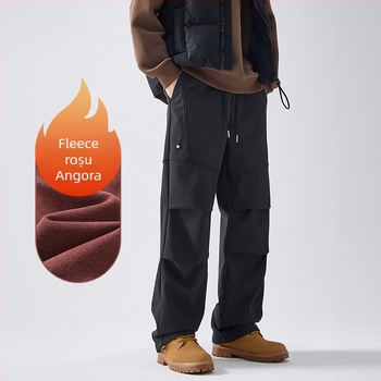 Pantaloni outdoor în stil parașutiști, bărbați, iarna 2024, croială dreaptă, căptuți cu fleece, cu curea