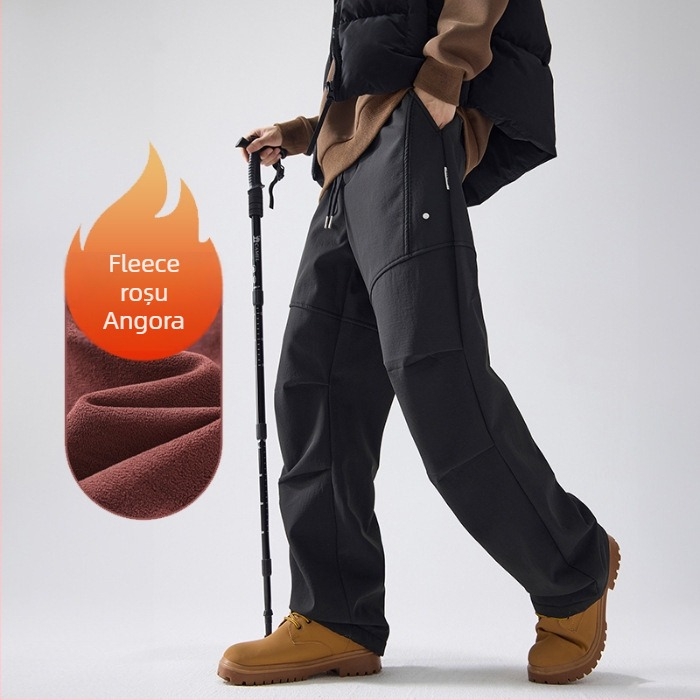 Pantaloni outdoor în stil parașutiști, bărbați, iarna 2024, croială dreaptă, căptuți cu fleece, cu curea