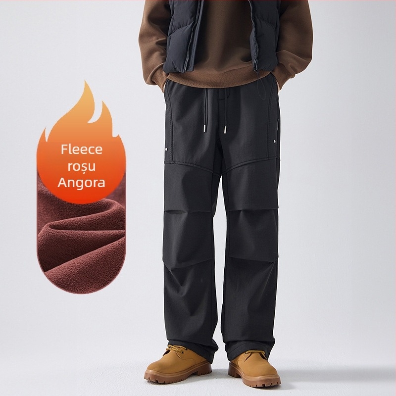 Pantaloni outdoor în stil parașutiști, bărbați, iarna 2024, croială dreaptă, căptuți cu fleece, cu curea