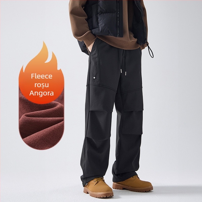 Pantaloni outdoor în stil parașutiști, bărbați, iarna 2024, croială dreaptă, căptuți cu fleece, cu curea