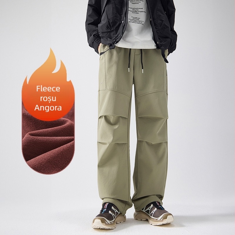 Pantaloni outdoor în stil parașutiști, bărbați, iarna 2024, croială dreaptă, căptuți cu fleece, cu curea