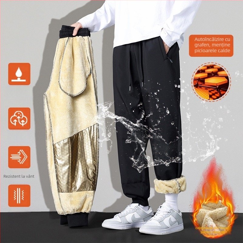 Pantaloni bărbați din lână de miel, cu elasticitate patru direcții, căptușiți cu fleece, croială lejeră, talie medie, închidere cu șnur, lungime integrală