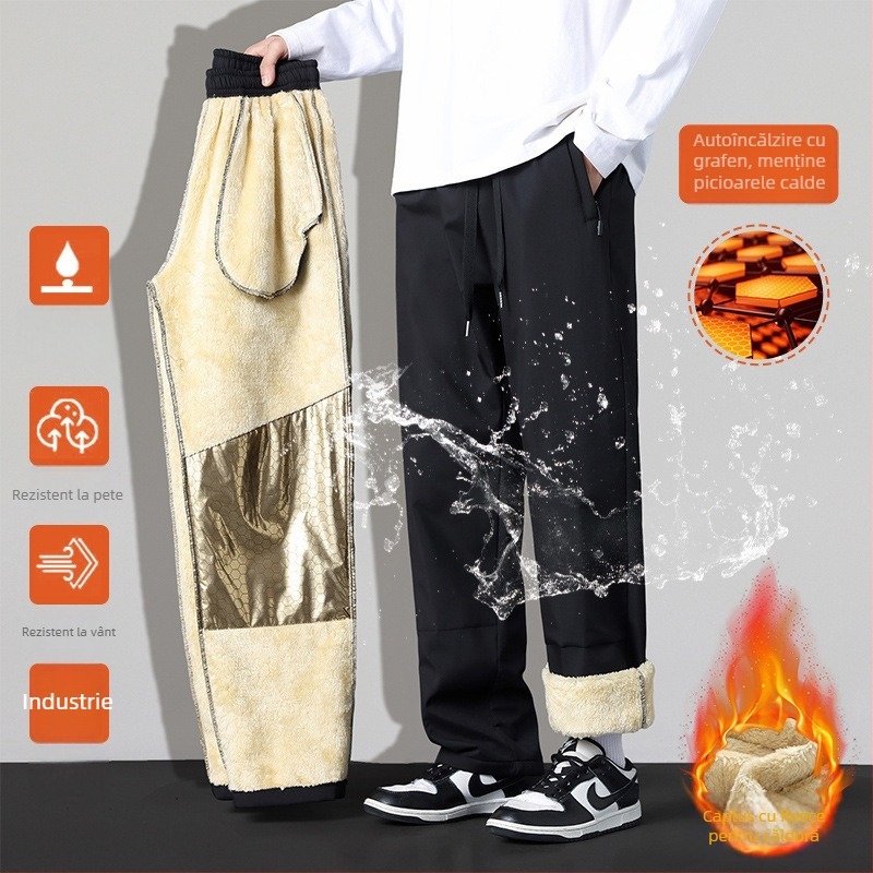 Pantaloni bărbați din lână de miel, cu elasticitate patru direcții, căptușiți cu fleece, croială lejeră, talie medie, închidere cu șnur, lungime integrală