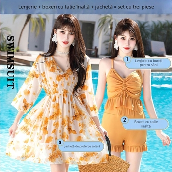 Costum de baie pentru femei, set trei piese, cu inserții pentru bust, fără suport metalic, țesătură Talia, 90% poliester