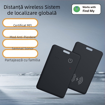 Sistem de localizare în timp real, în format card, cu baterie reîncărcabilă și tehnologie ultrasonică, pentru obiecte și animale de companie, model TR208, compatibil iOS, încărcare fără fir, 110 mAh, rază 40 m, dimensiuni 85×54×3 mm