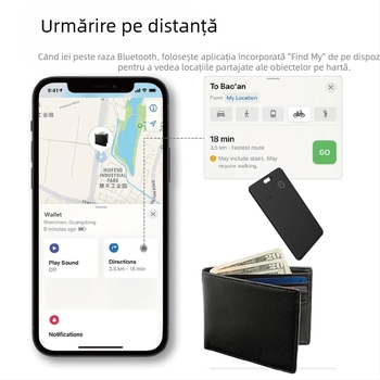 Sistem de localizare în timp real, în format card, cu baterie reîncărcabilă și tehnologie ultrasonică, pentru obiecte și animale de companie, model TR208, compatibil iOS, încărcare fără fir, 110 mAh, rază 40 m, dimensiuni 85×54×3 mm
