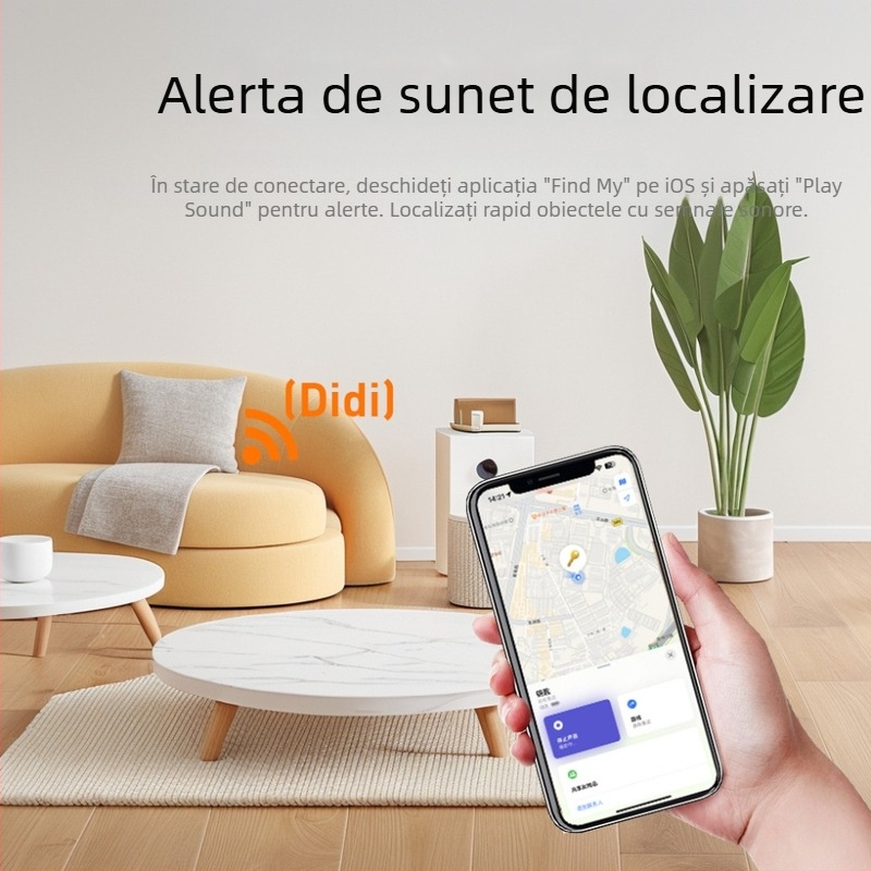 Sistem de localizare în timp real, în format card, cu baterie reîncărcabilă și tehnologie ultrasonică, pentru obiecte și animale de companie, model TR208, compatibil iOS, încărcare fără fir, 110 mAh, rază 40 m, dimensiuni 85×54×3 mm