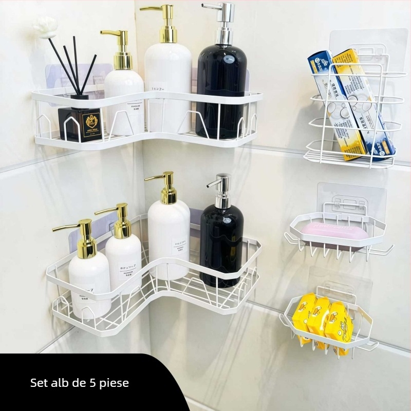 Raft de depozitare triunghiular fără găuri, montat cu ventuză, din oțel carbon, 1 etaj, pentru machiaj, baie și bucătărie, economisește spațiul