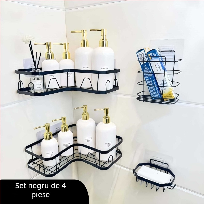 Raft de depozitare triunghiular fără găuri, montat cu ventuză, din oțel carbon, 1 etaj, pentru machiaj, baie și bucătărie, economisește spațiul