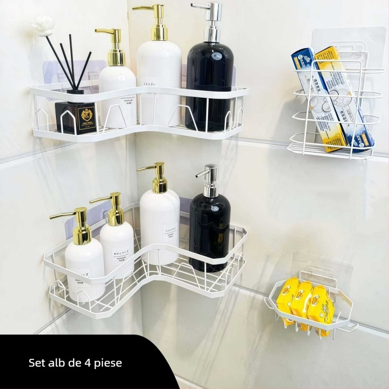 Raft de depozitare triunghiular fără găuri, montat cu ventuză, din oțel carbon, 1 etaj, pentru machiaj, baie și bucătărie, economisește spațiul