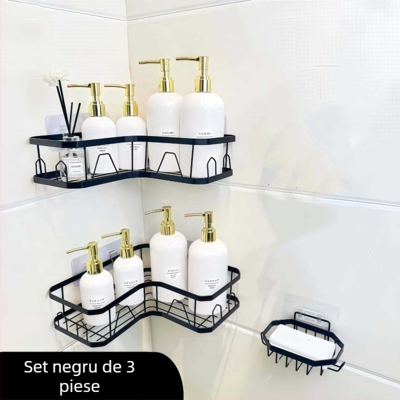 Raft de depozitare triunghiular fără găuri, montat cu ventuză, din oțel carbon, 1 etaj, pentru machiaj, baie și bucătărie, economisește spațiul