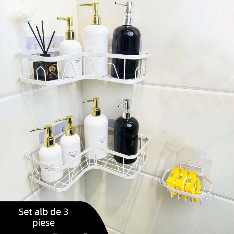 Raft de depozitare triunghiular fără găuri, montat cu ventuză, din oțel carbon, 1 etaj, pentru machiaj, baie și bucătărie, economisește spațiul