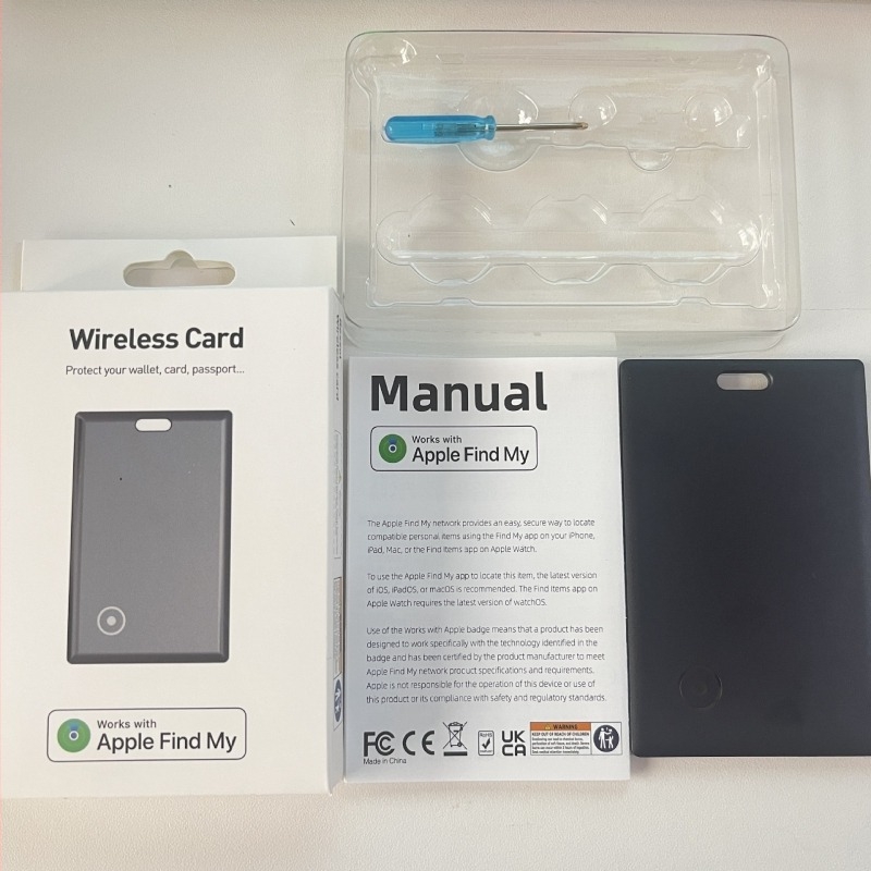 FindMy Card pentru iOS - tracker Bluetooth pentru bagaje, portofel și breloc; rază 20 m, baterie 220 mAh, dimensiuni 44.4×39.3×8.45 mm, greutate 10 g