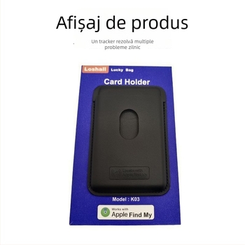 Suport magnetic pentru telefon cu compartiment pentru carduri, încărcare wireless, model K03, din piele + oțel inoxidabil, GPS pentru Find My de la Apple