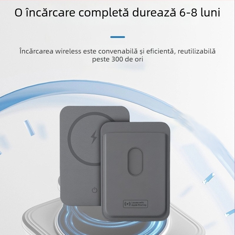 Suport magnetic pentru telefon cu compartiment pentru carduri, încărcare wireless, model K03, din piele + oțel inoxidabil, GPS pentru Find My de la Apple