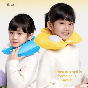 Perna gonflabilă pentru gât a copiilor, în formă U, pentru călătorii, portabilă, cu husă pluș (portabilă, husă pluș, suport pentru gât)