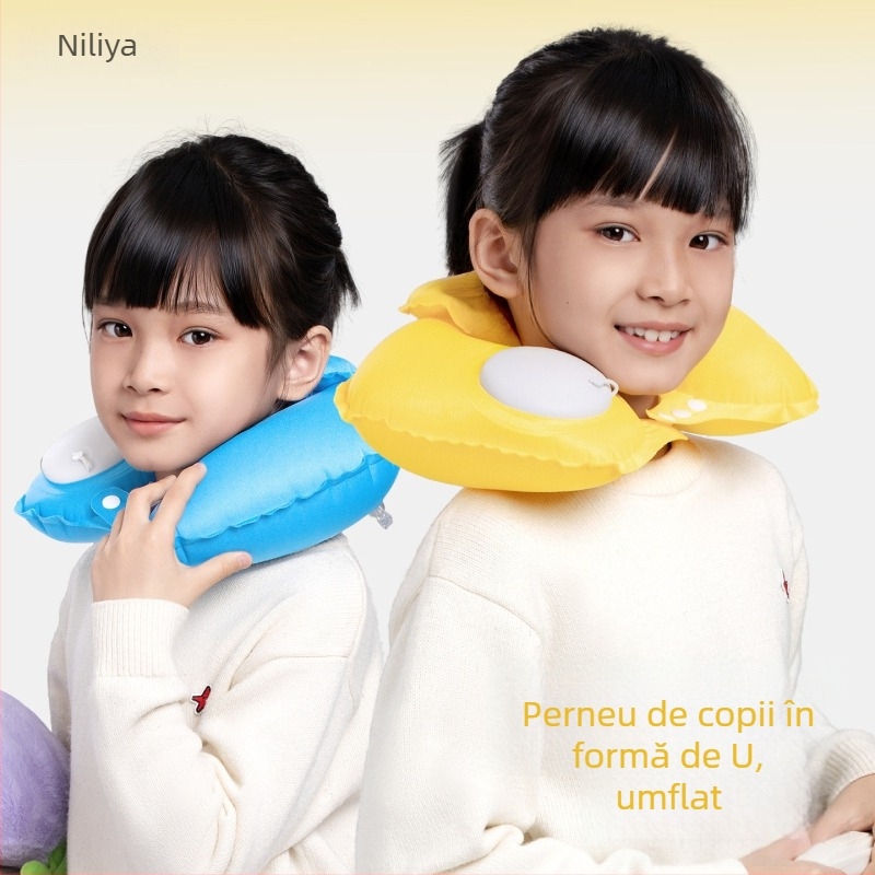 Perna gonflabilă pentru gât a copiilor, în formă U, pentru călătorii, portabilă, cu husă pluș (portabilă, husă pluș, suport pentru gât)