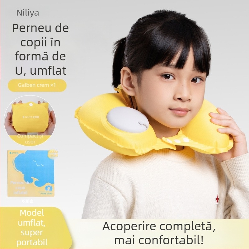 Perna gonflabilă pentru gât a copiilor, în formă U, pentru călătorii, portabilă, cu husă pluș (portabilă, husă pluș, suport pentru gât)