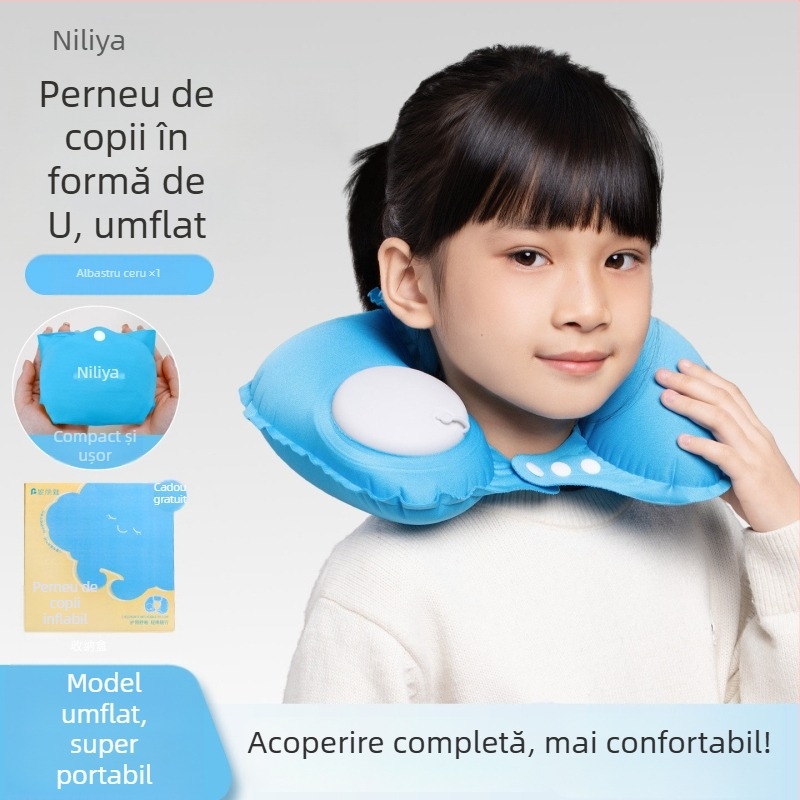 Perna gonflabilă pentru gât a copiilor, în formă U, pentru călătorii, portabilă, cu husă pluș (portabilă, husă pluș, suport pentru gât)