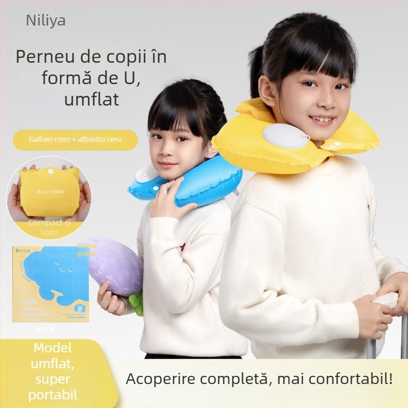 Perna gonflabilă pentru gât a copiilor, în formă U, pentru călătorii, portabilă, cu husă pluș (portabilă, husă pluș, suport pentru gât)