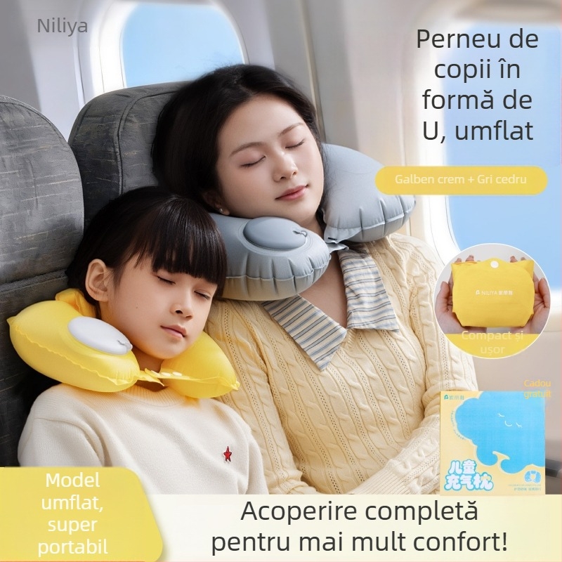 Perna gonflabilă pentru gât a copiilor, în formă U, pentru călătorii, portabilă, cu husă pluș (portabilă, husă pluș, suport pentru gât)