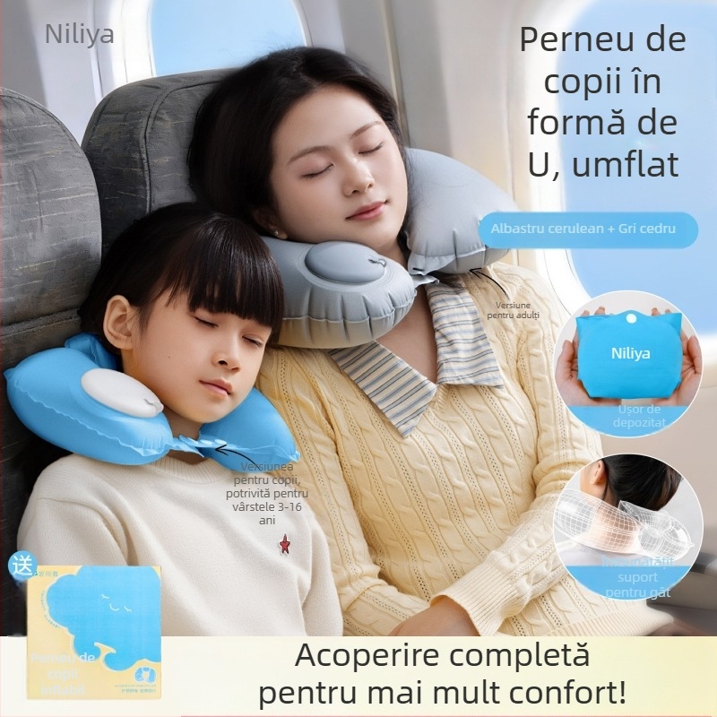 Perna gonflabilă pentru gât a copiilor, în formă U, pentru călătorii, portabilă, cu husă pluș (portabilă, husă pluș, suport pentru gât)