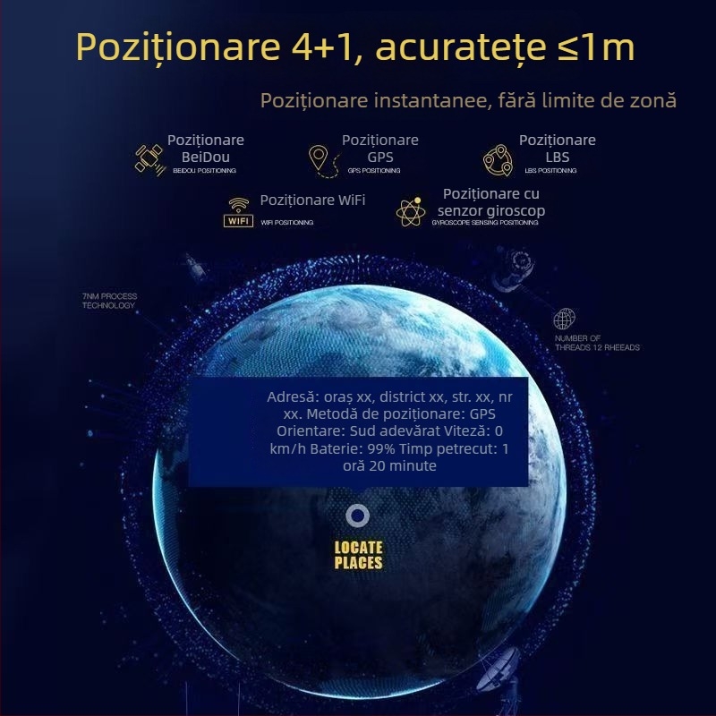 Locaționer fără fir pentru poziționarea vehiculului electric – urmărire GPS, rază 1 m, baterie 1, material PC, compatibil iOS