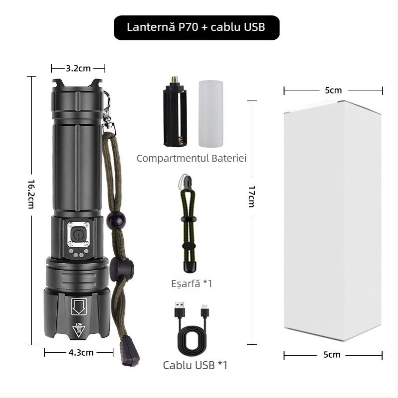 Adventurer lanternă LED din aliaj de aluminiu cu zoom optic, reîncărcabilă, 20W, rază de cel puțin 500 m