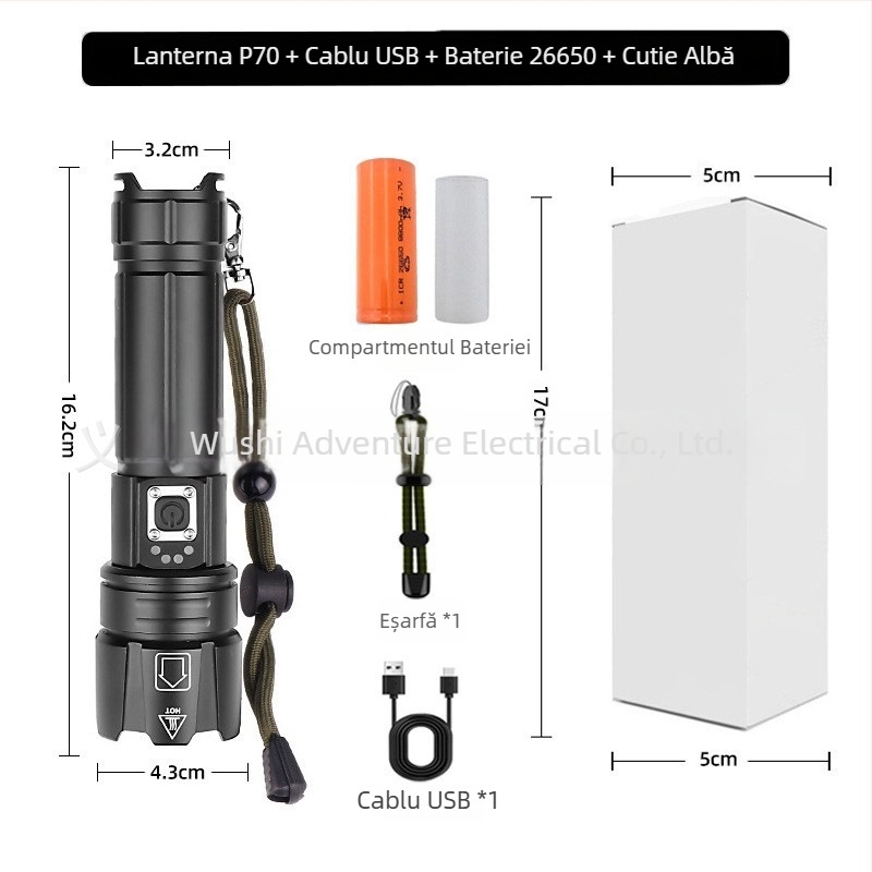 Adventurer lanternă LED din aliaj de aluminiu cu zoom optic, reîncărcabilă, 20W, rază de cel puțin 500 m