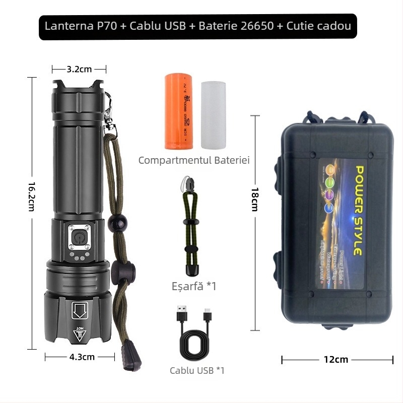 Adventurer lanternă LED din aliaj de aluminiu cu zoom optic, reîncărcabilă, 20W, rază de cel puțin 500 m