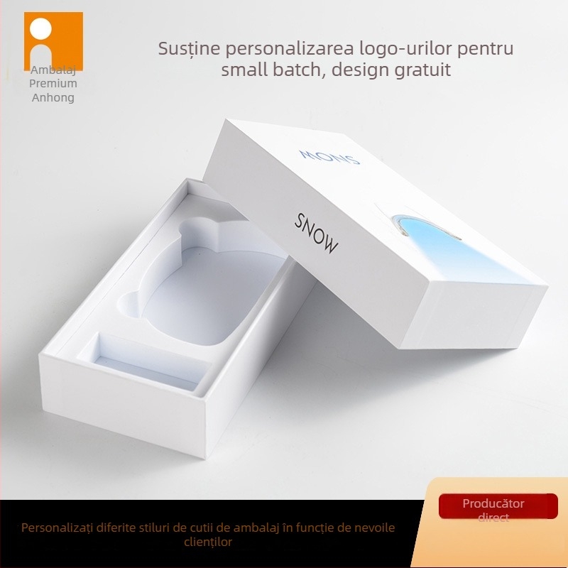 Cutie de ambalaj pentru căști Bluetooth cu tavă fixă, carton/hârtie 250gsm, finisaj flok, imprimare logo