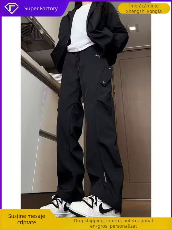 Pantaloni softshell cu plisare pentru stil montan, largi, casual, lungi (Talie medie, Închidere cu șnur, Material Milk Silk, Elastice micro, Iarna 2025)