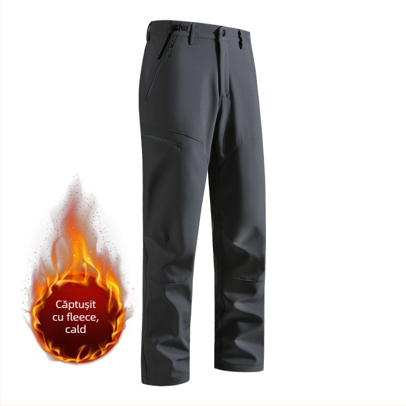 Pantaloni outdoor pentru drumeții, căptuți cu fleece, croială slim fit, închidere cu fermoar, 90% nylon, 10% spandex, iarnă