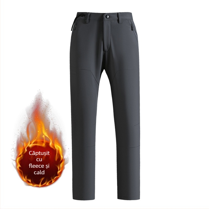 Pantaloni outdoor pentru drumeții, căptuți cu fleece, croială slim fit, închidere cu fermoar, 90% nylon, 10% spandex, iarnă
