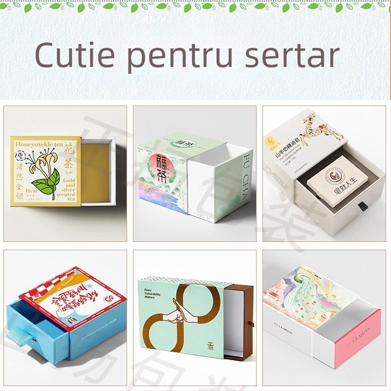 Cutie cu sertar pentru cadouri, ambalaj din carton personalizabil, embossing, imprimare UV, gravură și ștampilare cu argint; imprimare logo disponibil