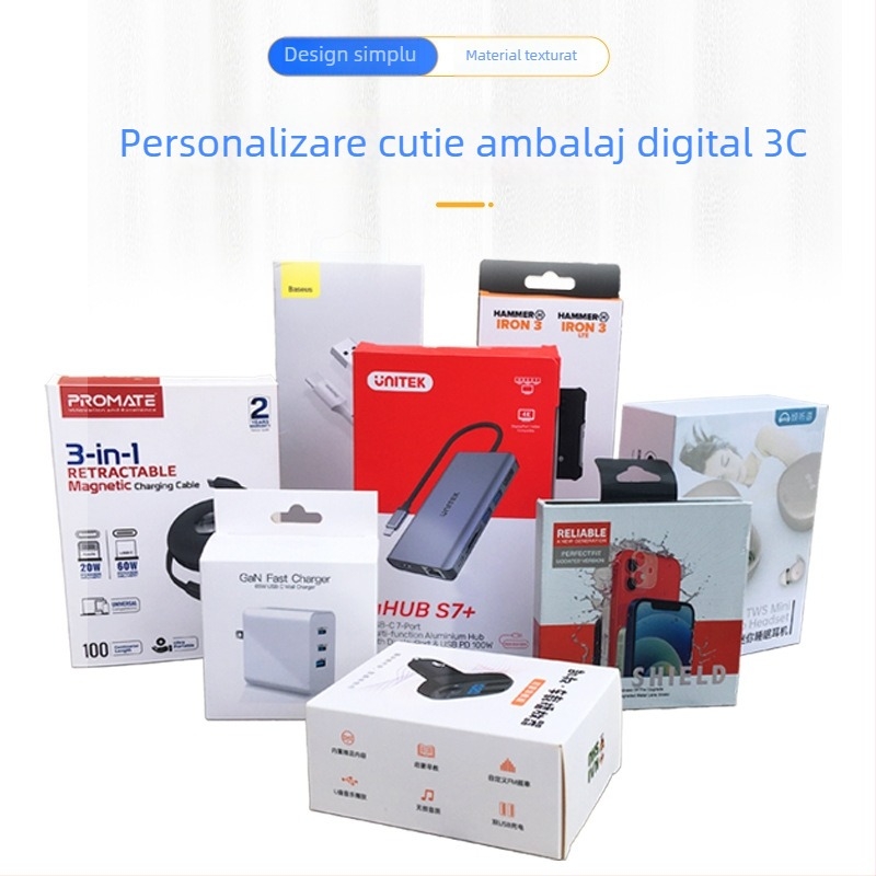 Cutie de ambalaj pentru electronice 3C, cu imprimare UV, relief, din carton, cu fereastră, personalizabilă