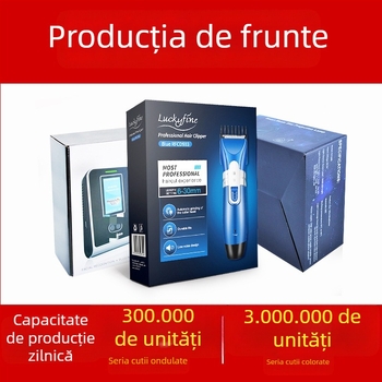 Cutie de ambalaj pentru produse electronice — personalizabilă pentru aparate de ras și căști Bluetooth; imprimare logo disponibilă; carton alb 250 gsm + carton ondulat; finisaje: flokare, offset, serigrafie, relief, UV, gravură, ștampilare cu folie metalic