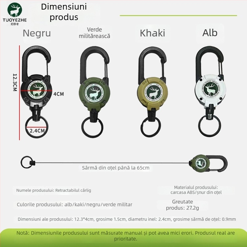 Carabinieră pentru chei cu cablu metalic retractabil, material nichel, design rotund, încărcare 5 kg, personalizare disponibilă