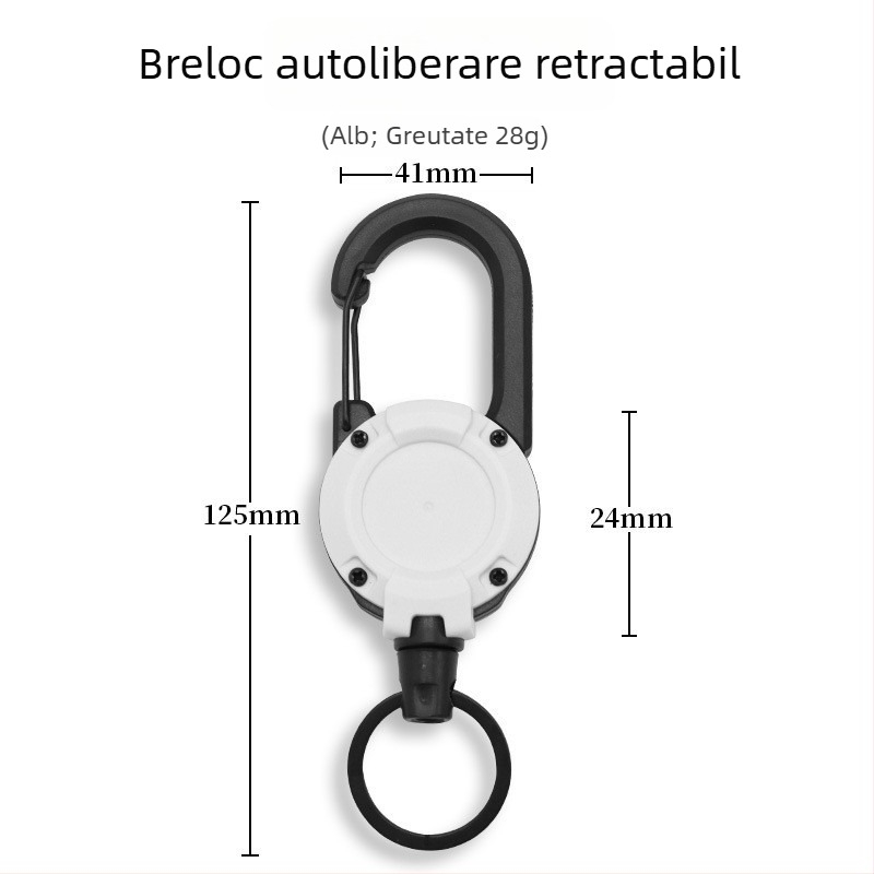 Carabinieră pentru chei cu cablu metalic retractabil, material nichel, design rotund, încărcare 5 kg, personalizare disponibilă